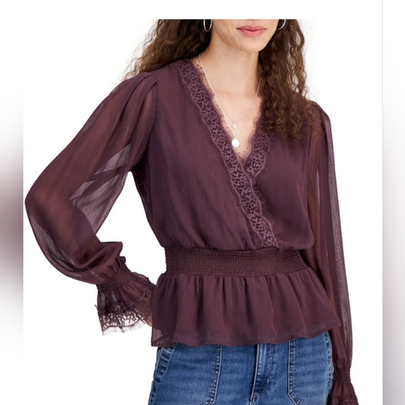 Self Esteem Tops - Lace-Trim Bell-Sleeve Peasant Top, Medium (Juniors)